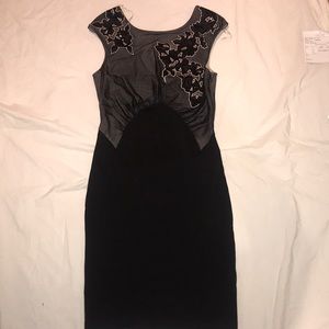 Mesh top dress w appliqué floral knit sheath
